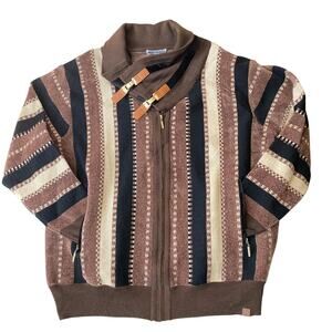 Silversilk Mens 70s Retro Shawl Collar Striped Zip Up Cardigan Sweater 4XL Brown
